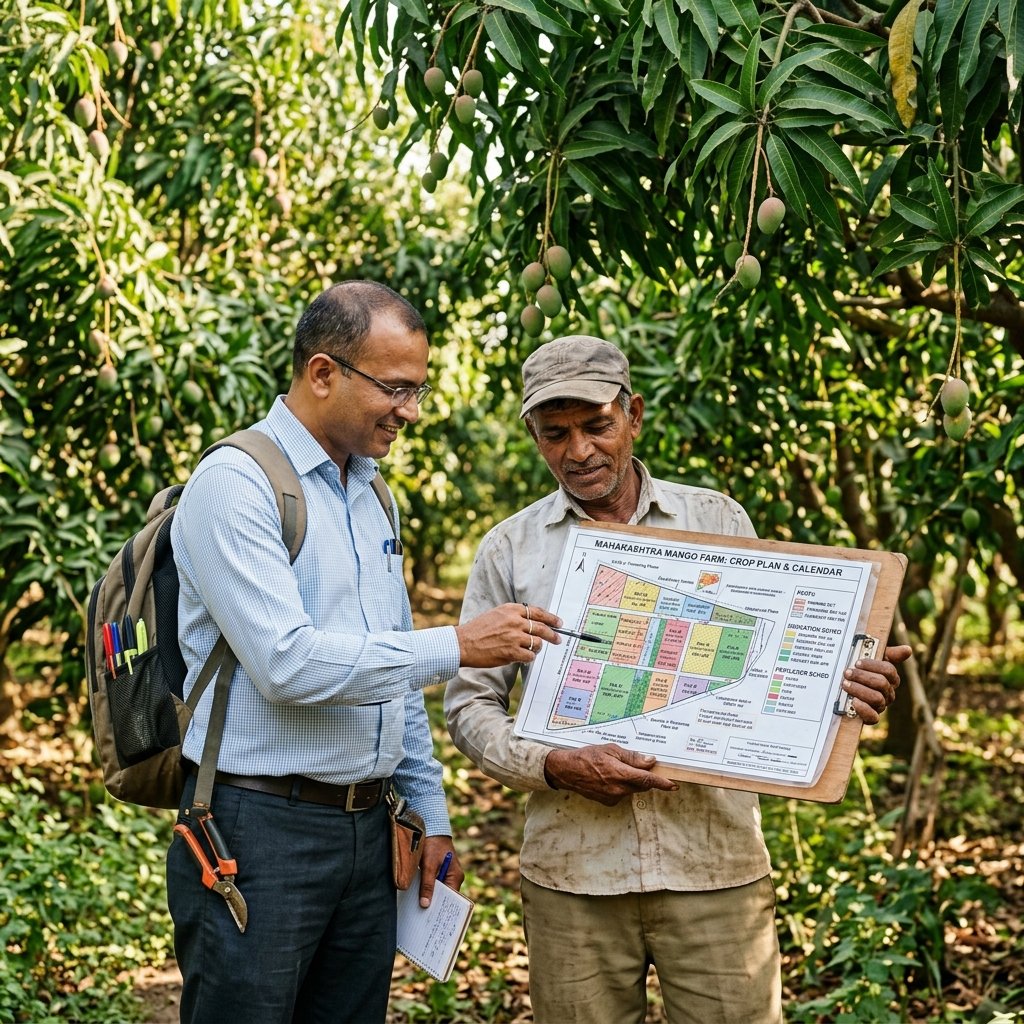 Farmer and agricultural consultant discussing farm plan